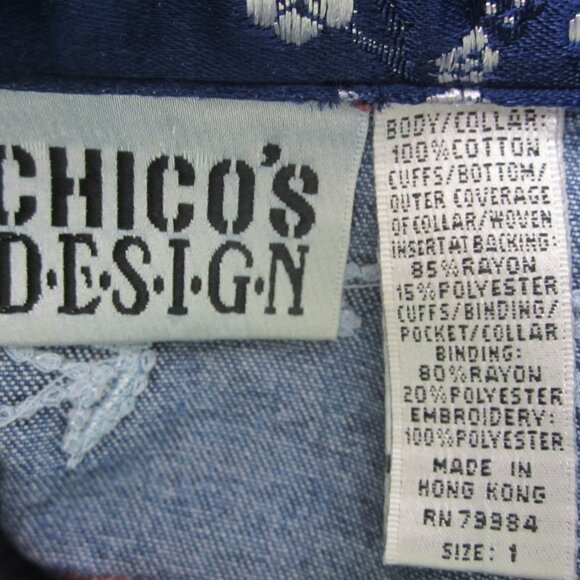 Vtg Chicos 1 Women M Blue Denim Jacket Red Gold Floral Embroidered Pewter Button - Picture 4 of 12
